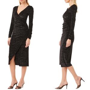 New Misa Los Angeles Setarah Metallic Glitter Faux Wrap Midi Dress Black Sz M